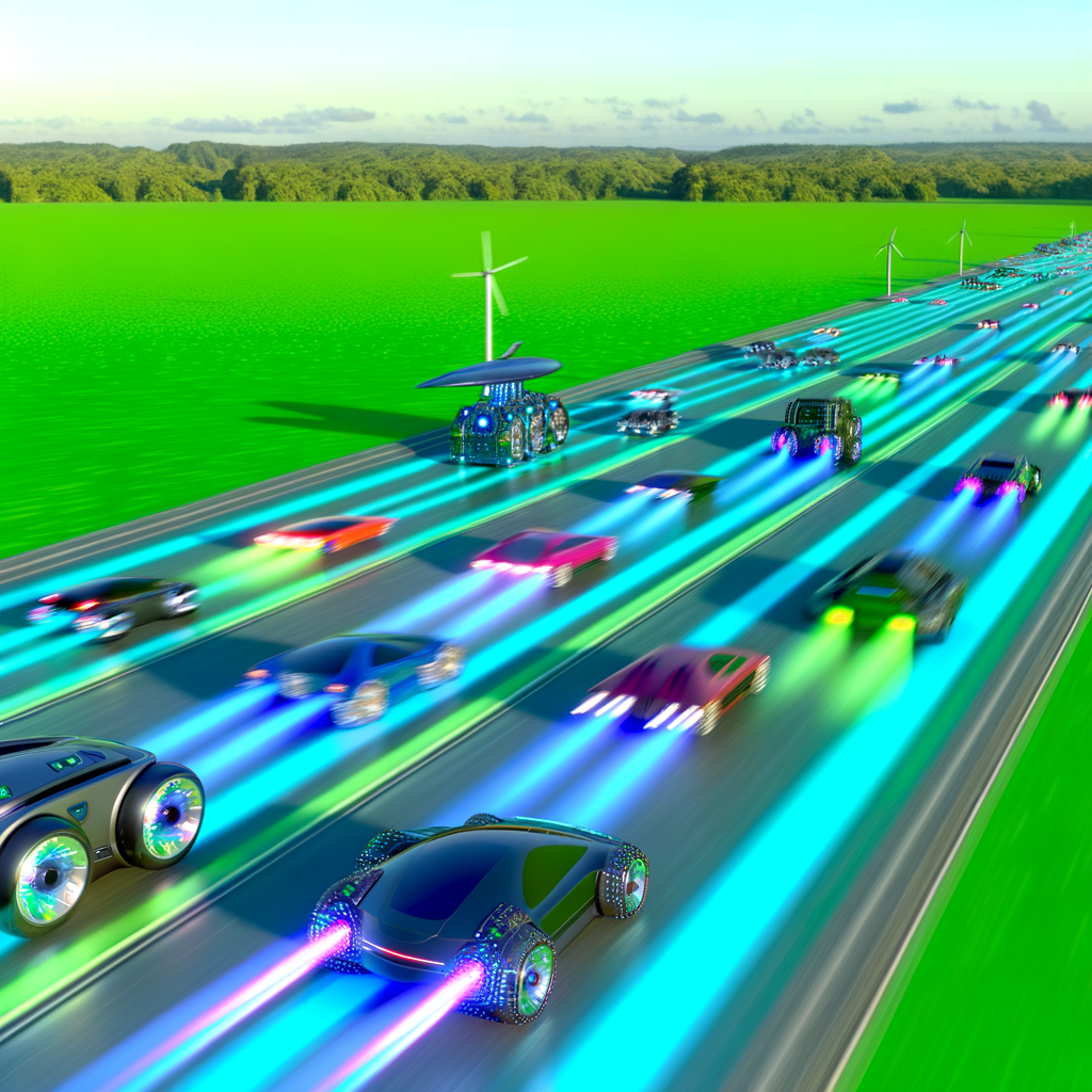 Futuristic cars zooming towards a green horizon.