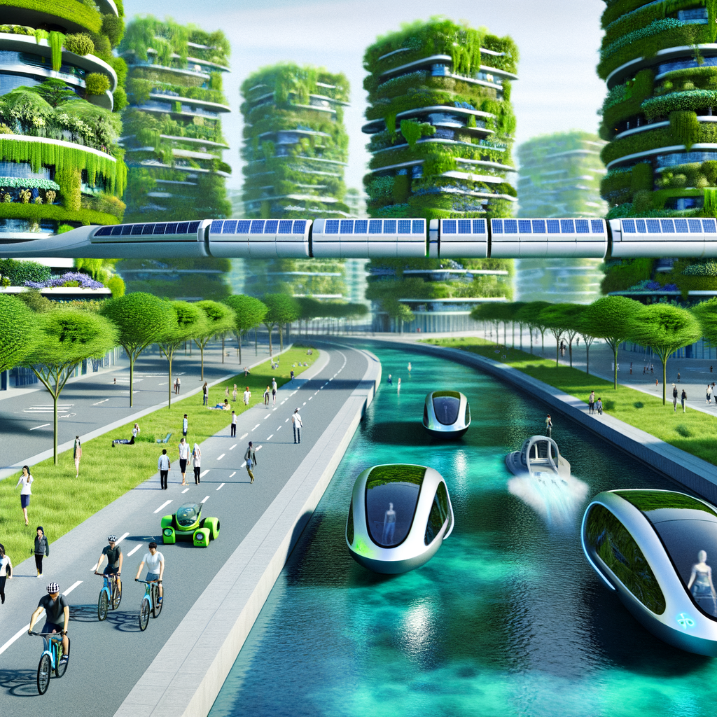 Futuristic cityscape, green transport modes abound.