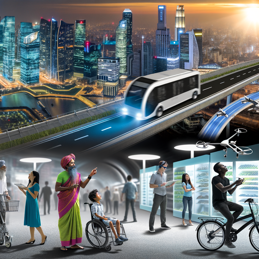 Futuristic cityscape with diverse, eco-friendly transport.