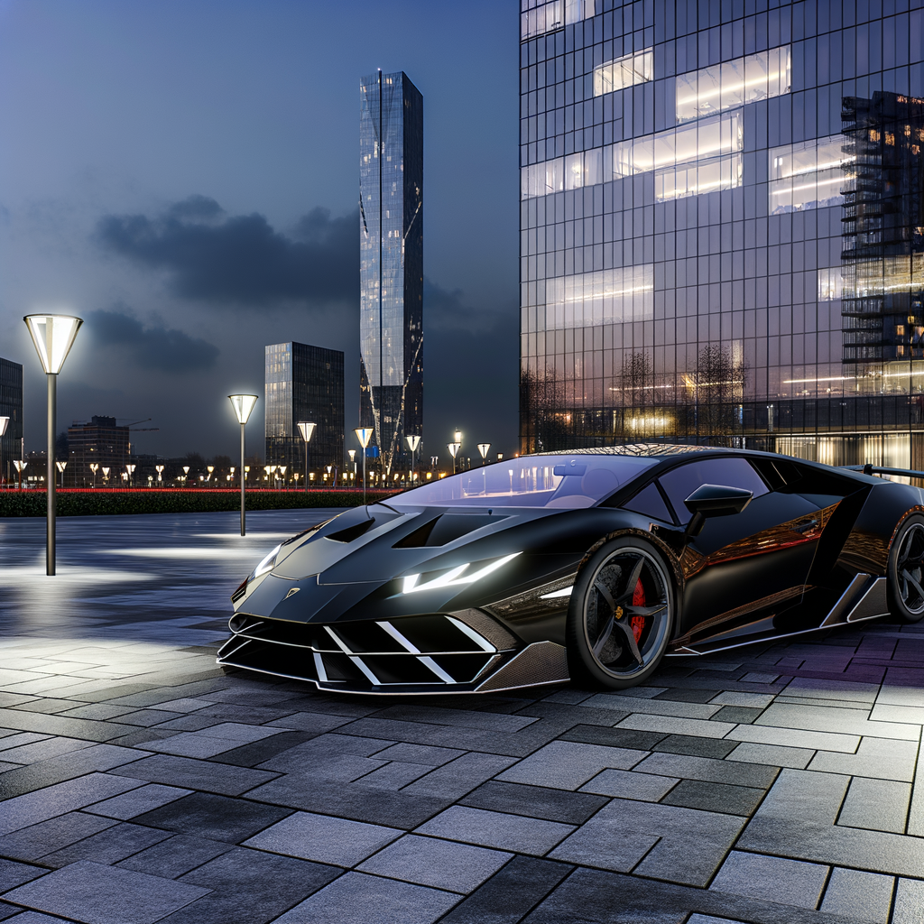 Lamborghini supercar in sleek urban setting.
