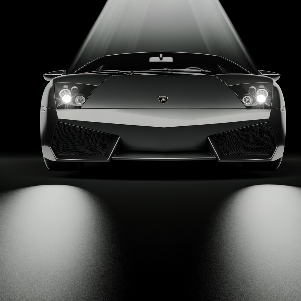 Sleek Lamborghini supercar gleaming under spotlight.