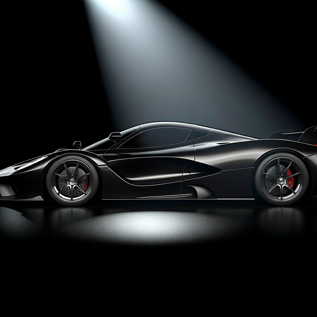 Sleek Lamborghini supercar, gleaming under spotlight.