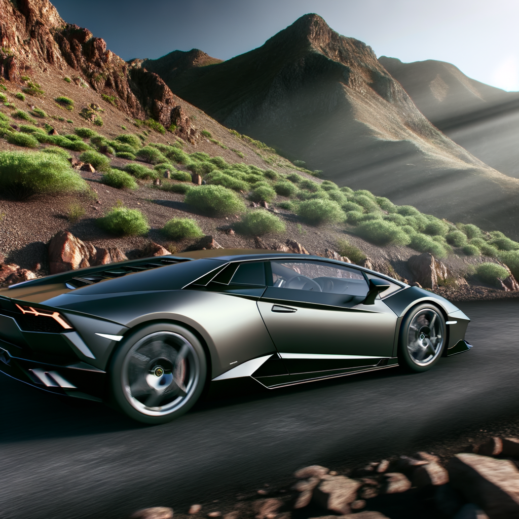 Sleek Lamborghini supercar on mountainous road.