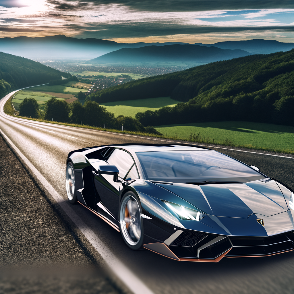 Sleek Lamborghini supercar on scenic highway.