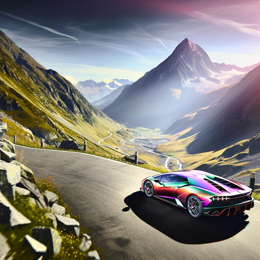 Sleek Lamborghini supercar racing through mountains.